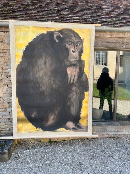 Artwork by Jean-Jacques Ostier, Large monkey on yellow background, Made of India ink and gold leaf