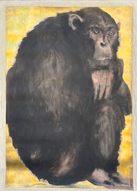 Artwork by Jean-Jacques Ostier, Large monkey on yellow background, Made of India ink and gold leaf