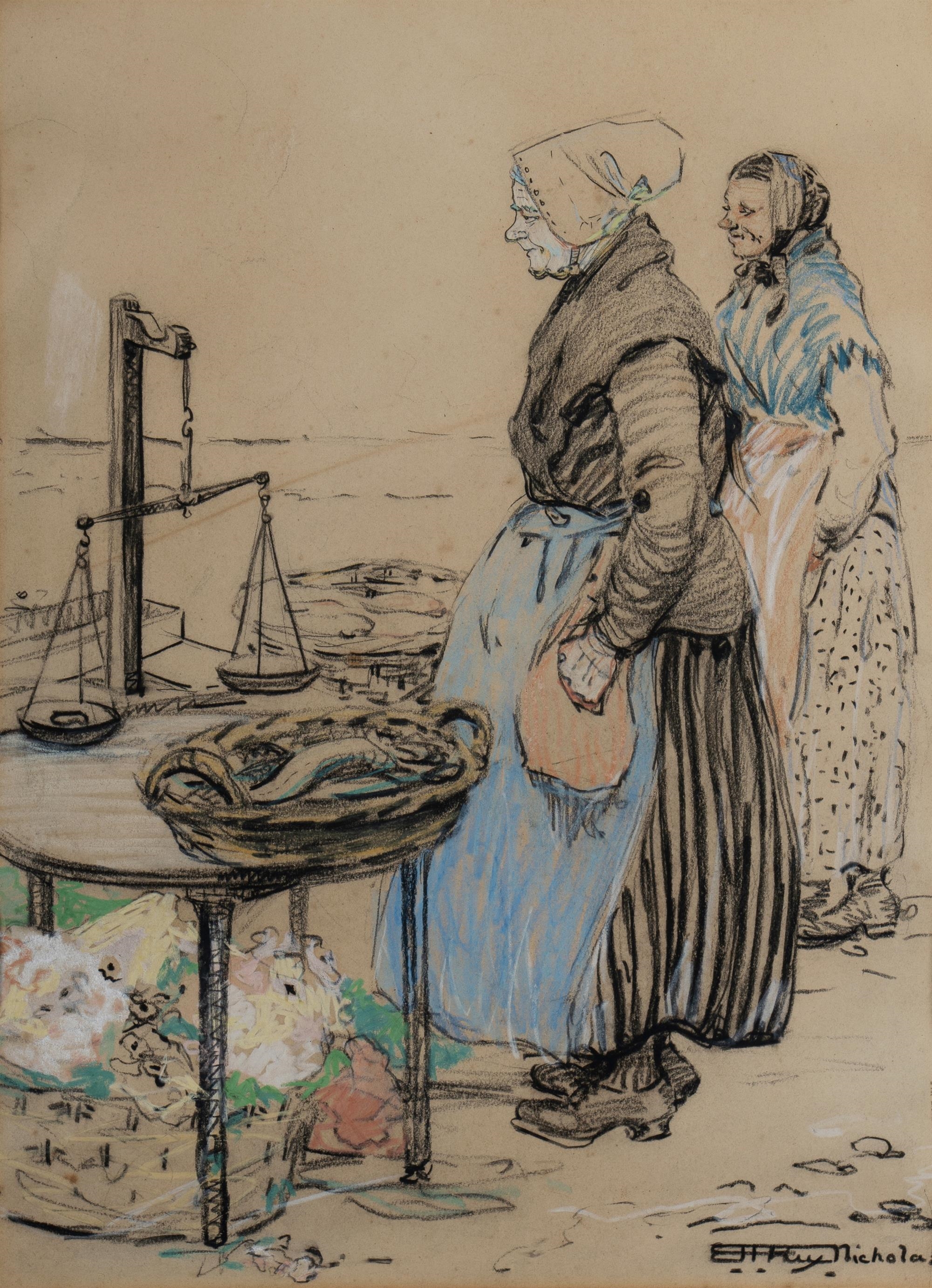 Artwork by Emily Hilda Nicholas, Breton Fisherwomen, Made of Charcoal & Pastel