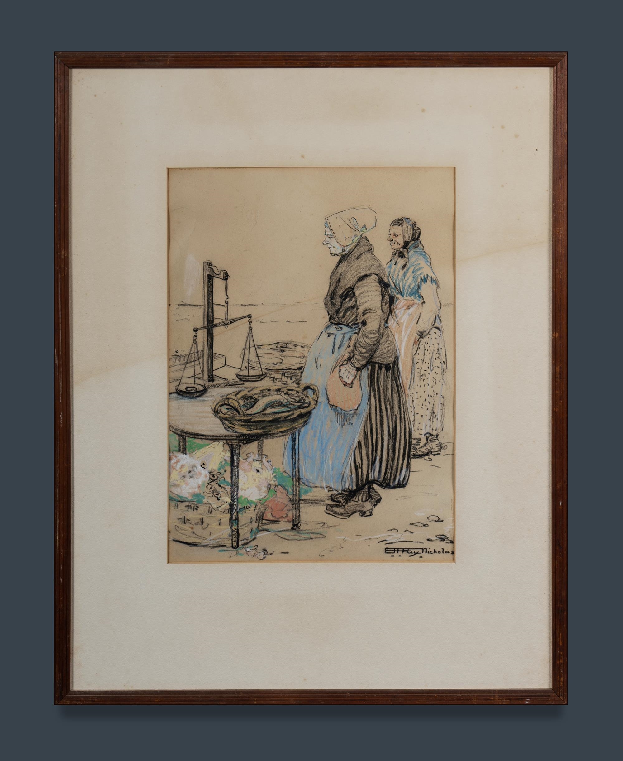 Artwork by Emily Hilda Nicholas, Breton Fisherwomen, Made of Charcoal & Pastel