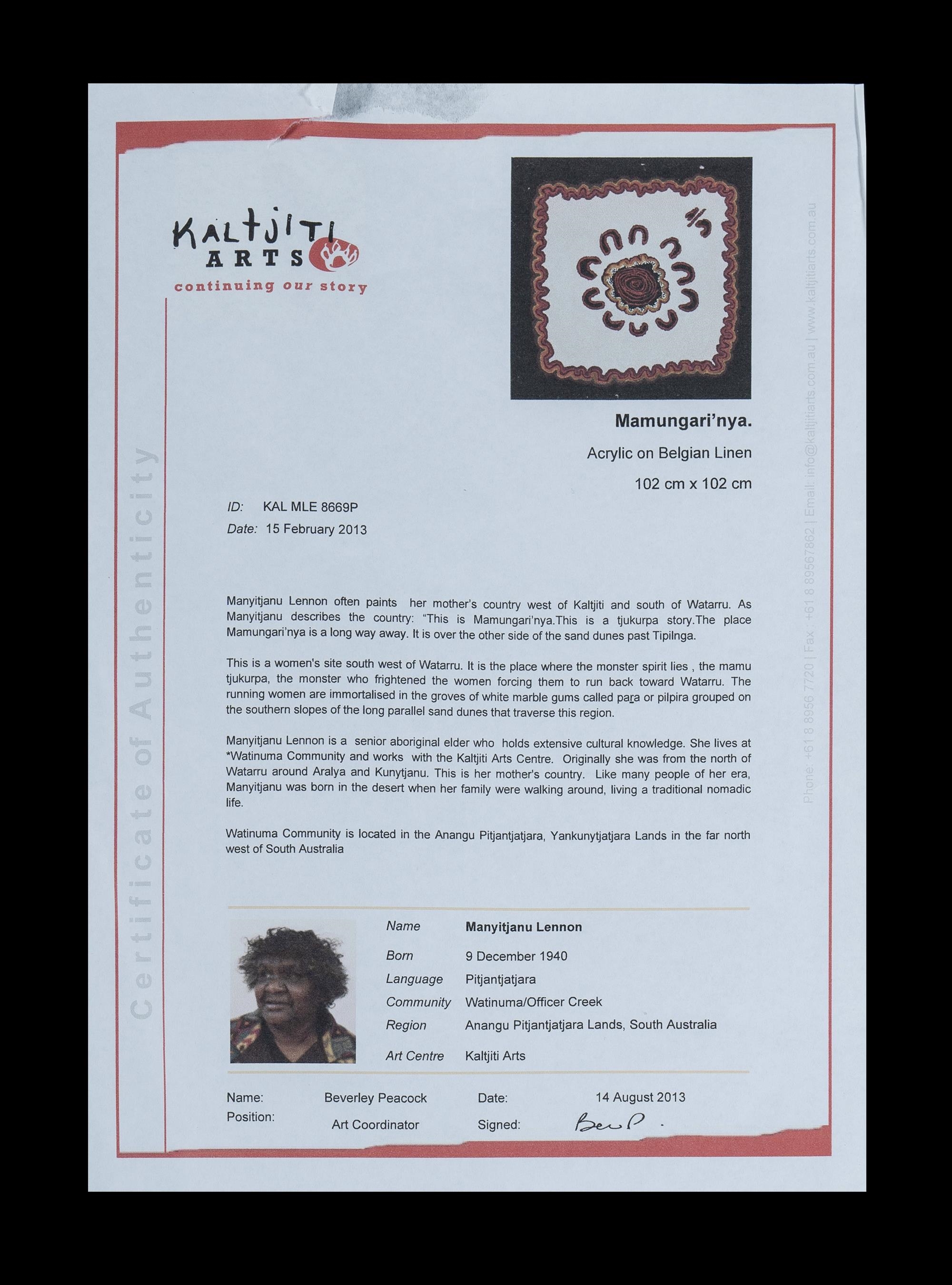 Artwork by Manyitjanu Lennon, Mamungarinya, Made of Acrylic on Linen