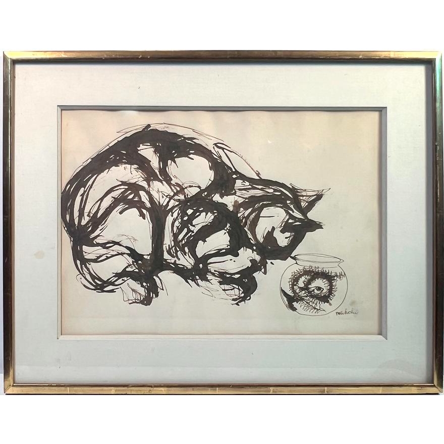 Artwork by Michael Miksche, Cat and Goldfish, Made of Ink Drawing