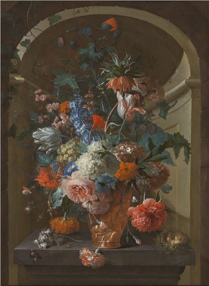 Nature morte aux bouquet de fleurs et nid d'oiseau dans une niche by Coenraet Conrad Roepel