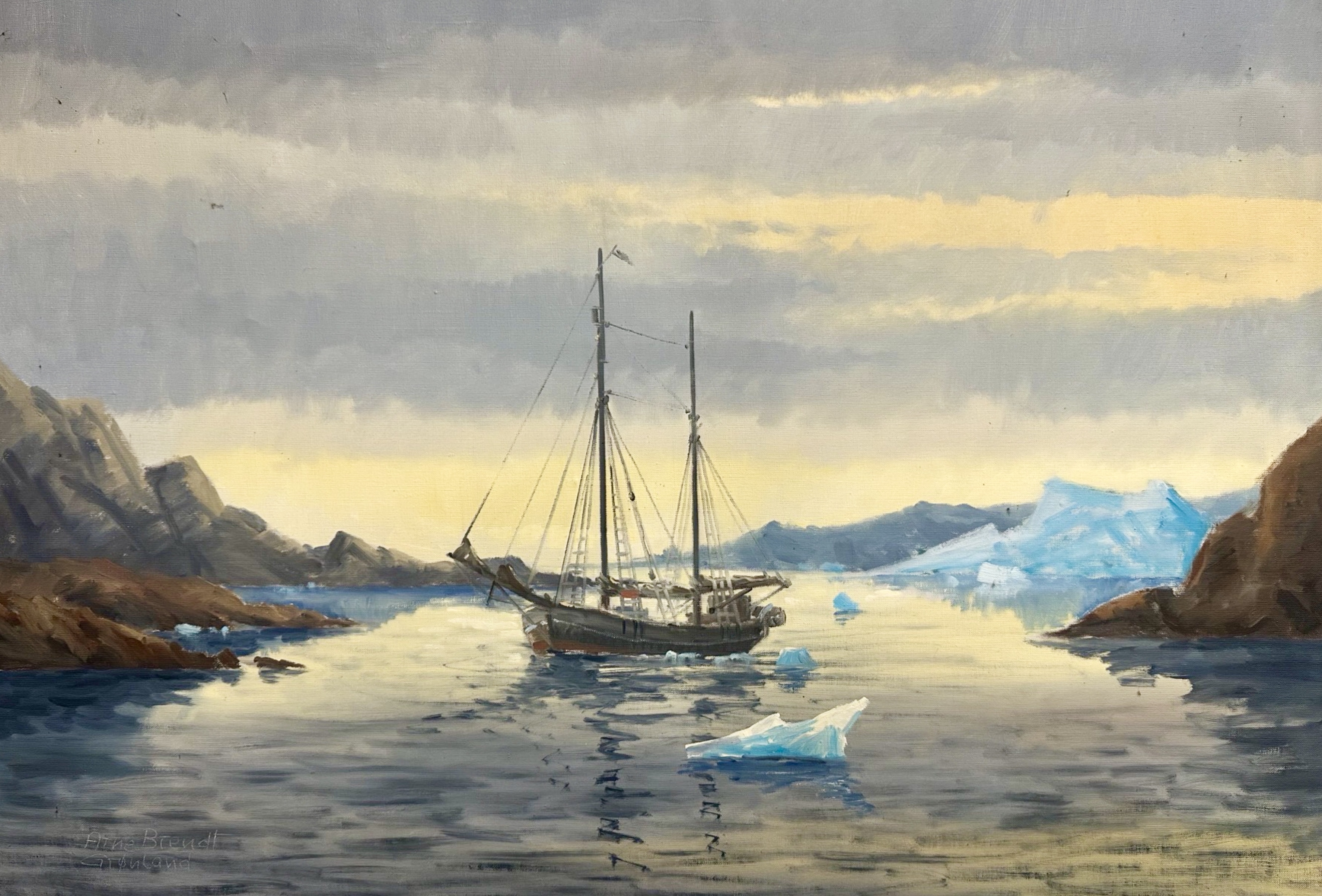Artwork by Atne Brendt Gronland, A fishing boat in glacial water, Made of oil on canvas