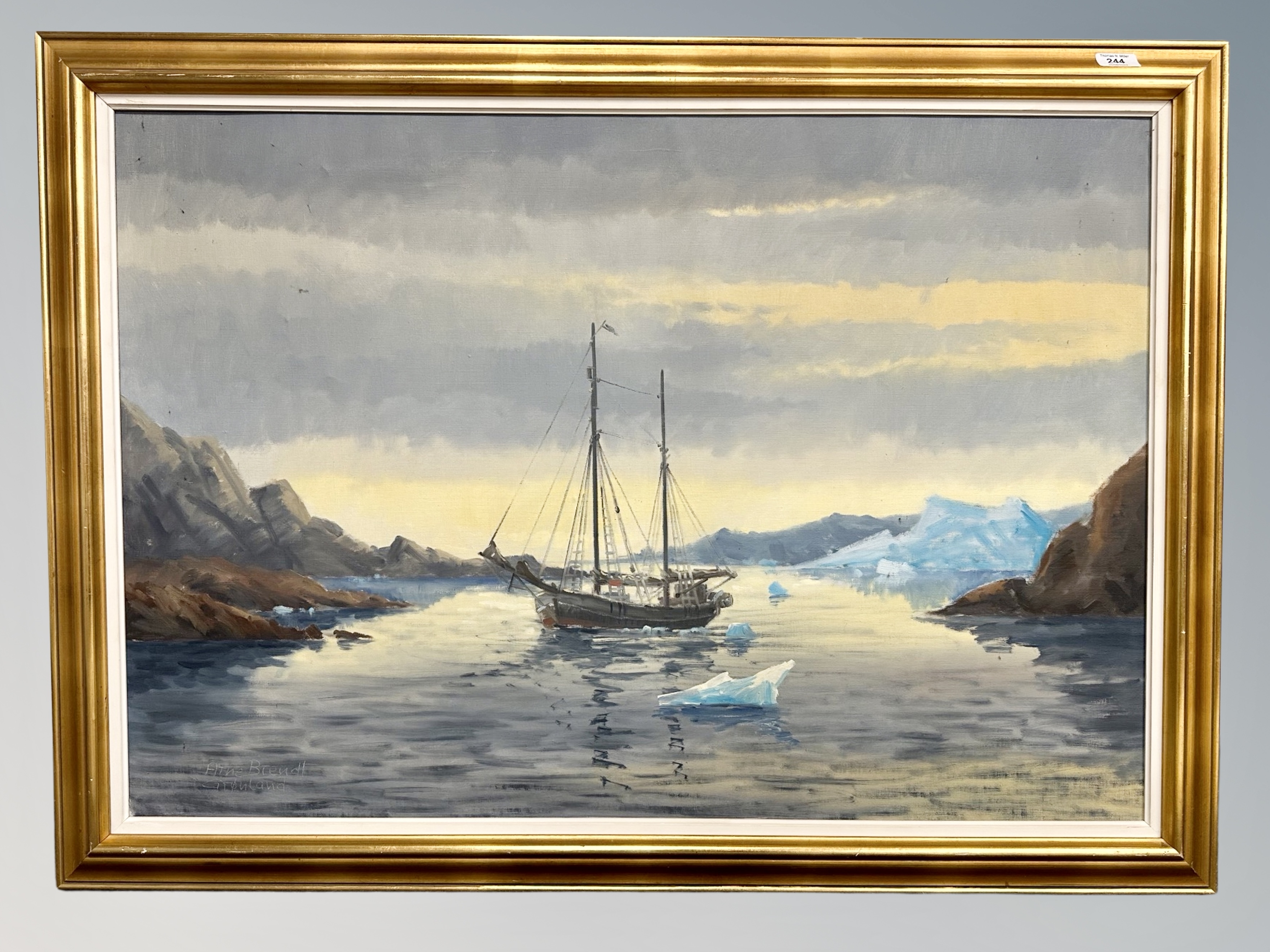 Artwork by Atne Brendt Gronland, A fishing boat in glacial water, Made of oil on canvas