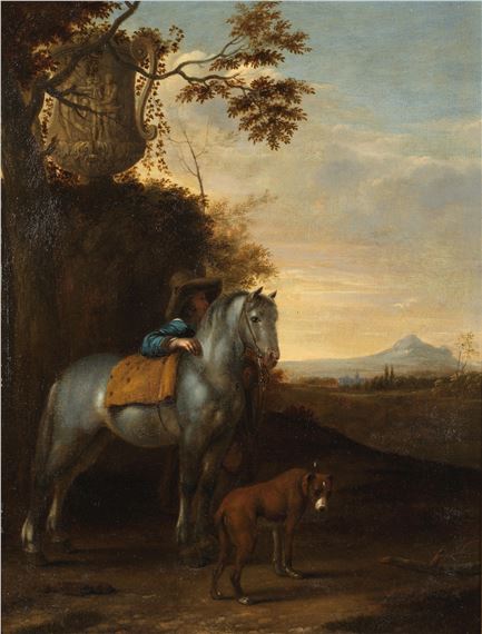 An Italianate landscape with a hunter, horse and dog by Hendrick Verschuring