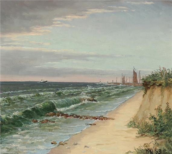 A view of a coast with sail boats in the distance - presumably from Laesoe by Marinus Nielsen