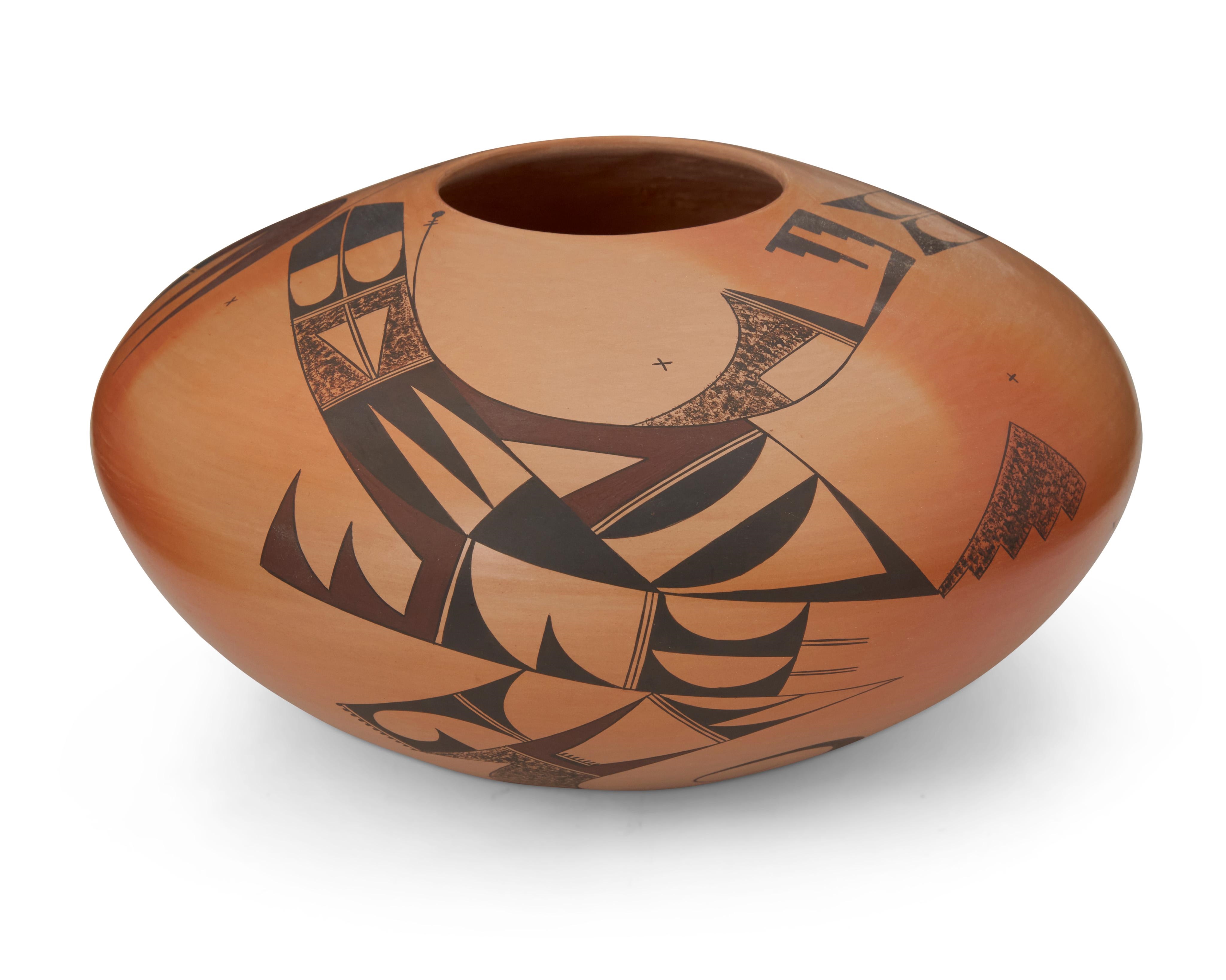 Artwork by Karen Abeita, A Hopi seed pot, Made of brown and black avian and geometric motifs on a terracotta wash ground