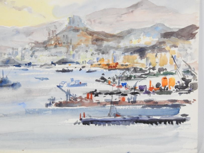 Artwork by Franck Brière, Vue d'un port animé de bateaux, Made of Watercolor on paper