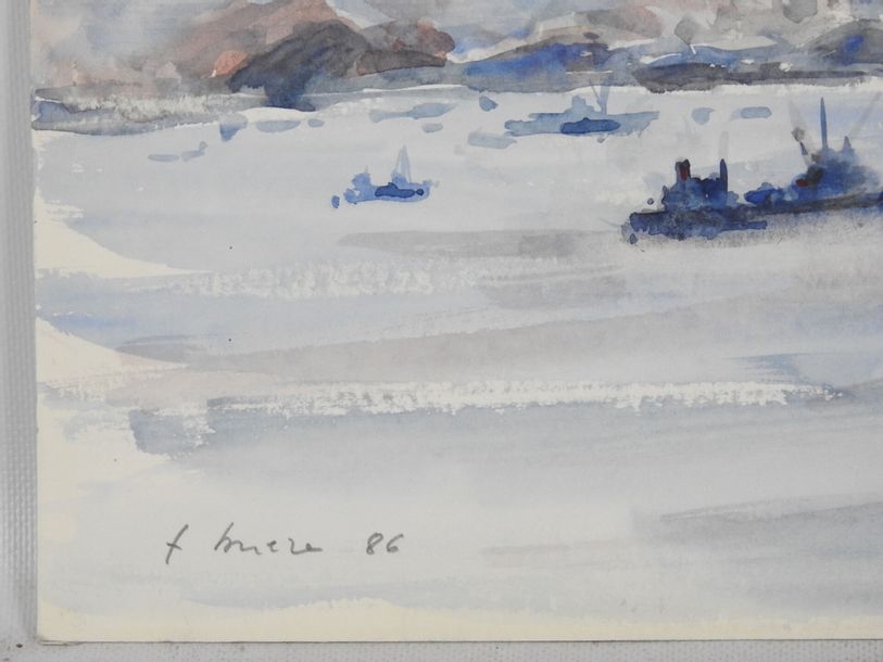 Artwork by Franck Brière, Vue d'un port animé de bateaux, Made of Watercolor on paper