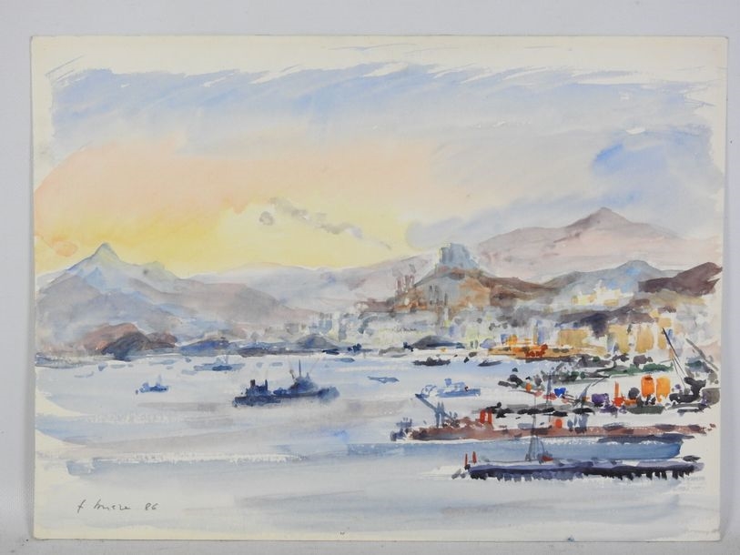 Artwork by Franck Brière, Vue d'un port animé de bateaux, Made of Watercolor on paper