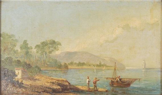 Sailing boat and figures in a bay by E. Parraud