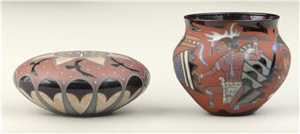 Jar with figures and birds; and Sculpture with geometric design and birds in flight. - Bill Glass Jr