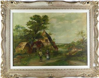 Early 1900's naive school oil depicting a rural village scene with two figures - Edith Ridd