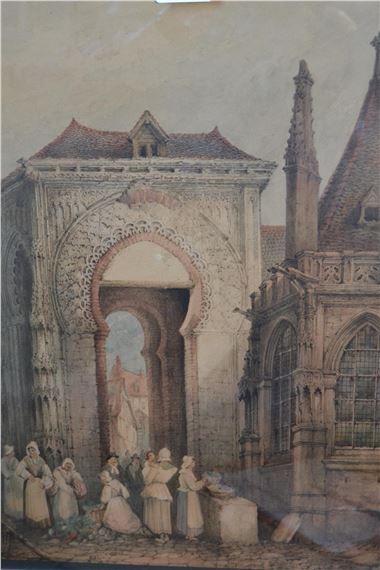 Charles Rousse | North European city street scene with figures at a ...