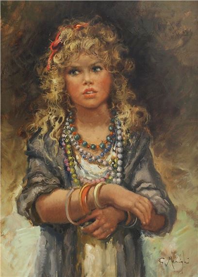 Pretty girl with blonde curly hair looking towards the viewer. by Giuseppe Merighi, 1936