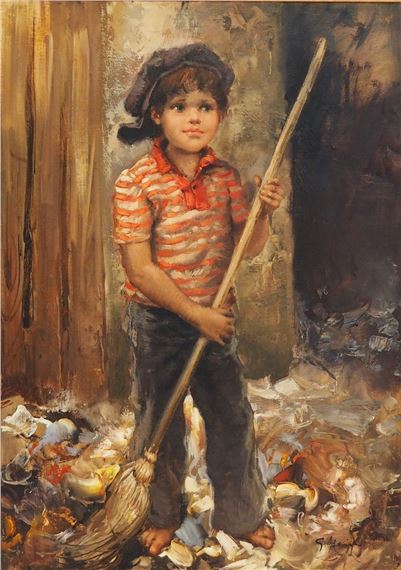 Rascal with a street broom while sweeping with his eyes directed towards the viewer. by Giuseppe Merighi, 1936