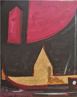 A bold, abstract composition featuring a stylized boat against a dramatic red and black background.