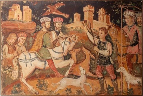 Ambrogio Lorenzetti | Landscape hunting scene with figures, horses ...