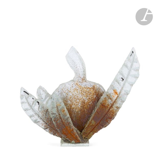 Artwork by Marc Coville, Sculpture of cut, sandblasted and shot-blasted glass plates representing an apple, Made of glass plates