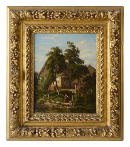 A farmhouse by a river by Auguste Böhm