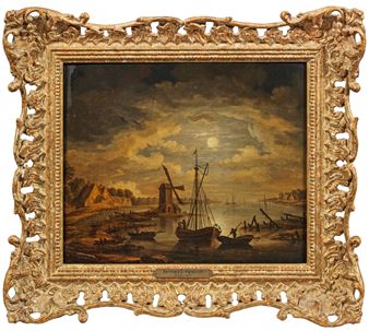 Holländische Flusslandschaft mit Windmühle und Booten im Mondschein - Bernhard Gottfried Manskirch