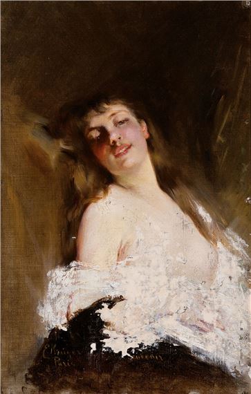 young woman in erotic representation by E. Kruger, around 1900