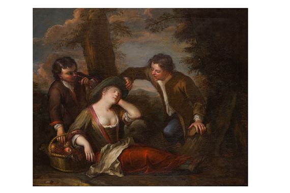 A wooded landscape with boys spying on a sleeping maiden by Philip Mercier