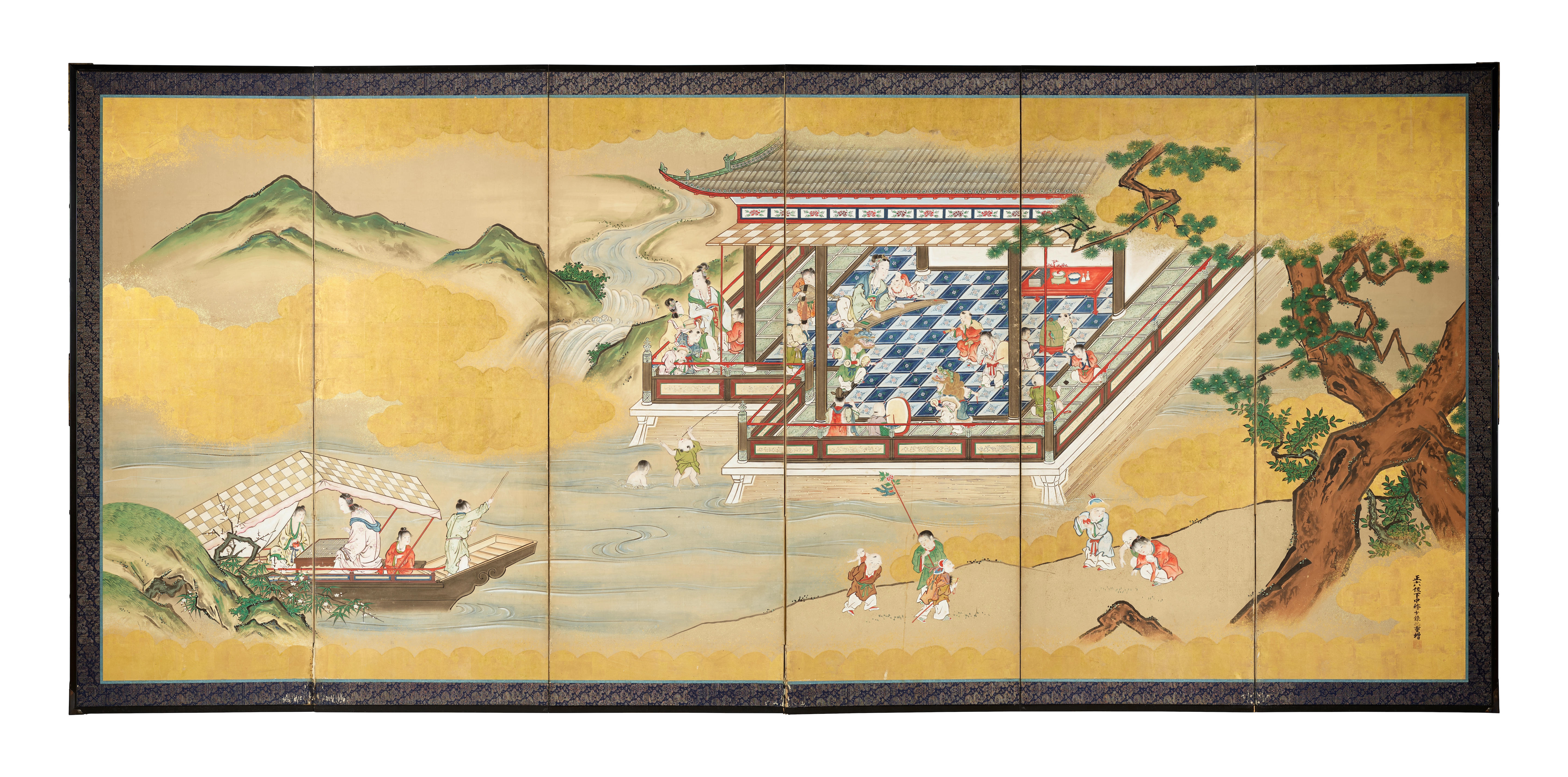 Artwork by Saida Shigemasu, Chinese Children Practicing the Four Accomplishments, Made of ink, color, gold, and gold foil on paper