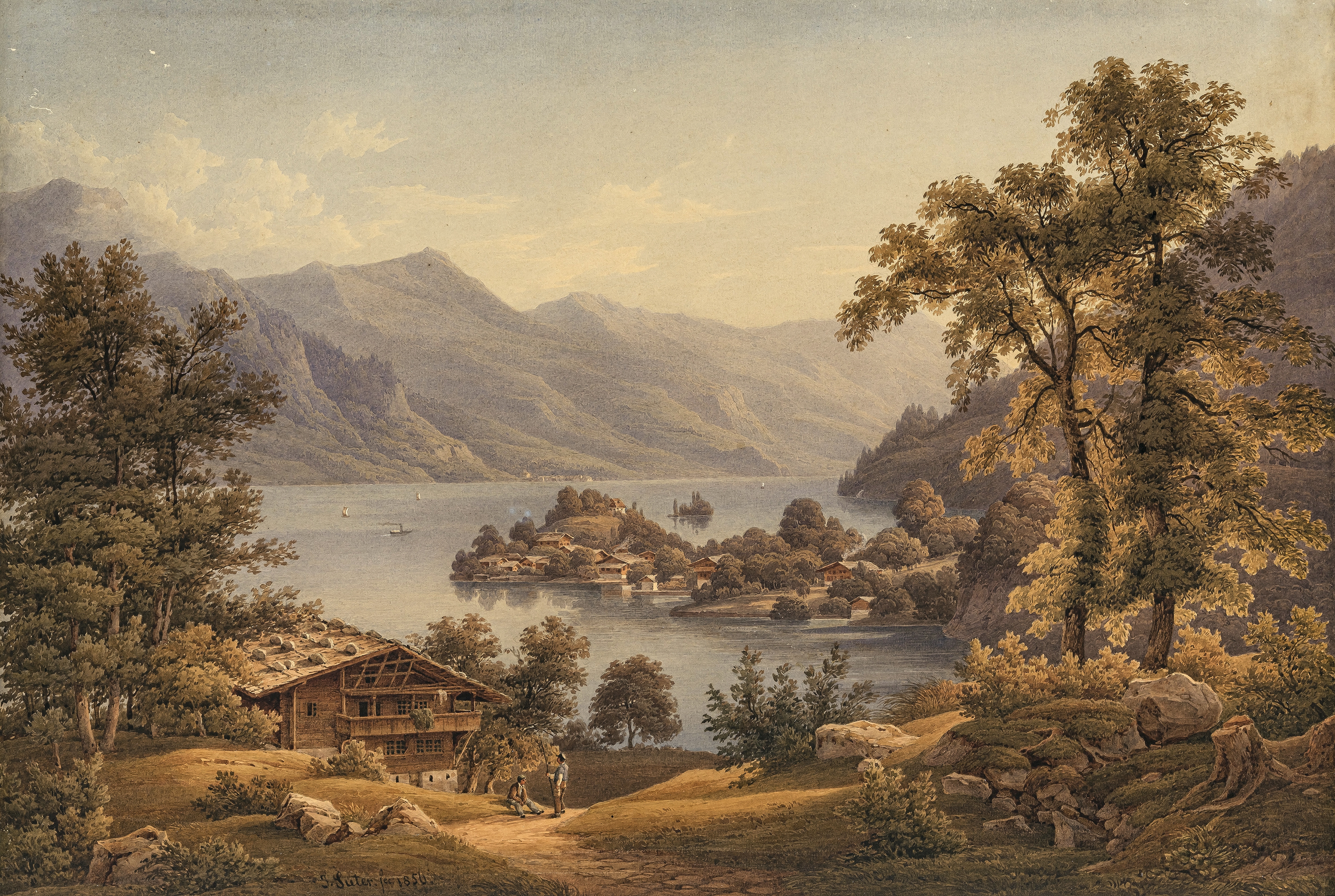 Artwork by Jakob Suter, View of Iseltwald on Lake Brienz, Made of Watercolour on thin cardboard