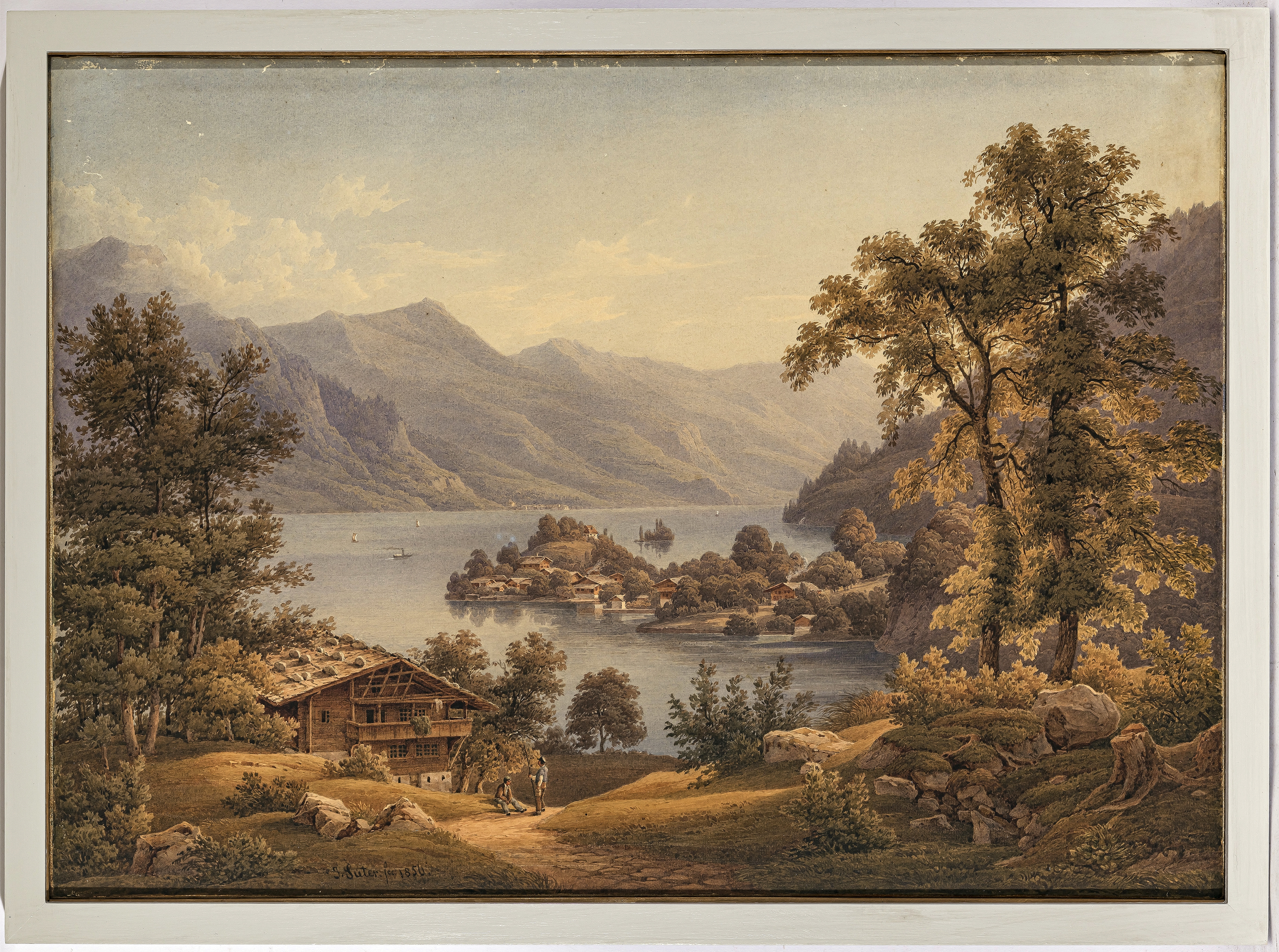 Artwork by Jakob Suter, View of Iseltwald on Lake Brienz, Made of Watercolour on thin cardboard