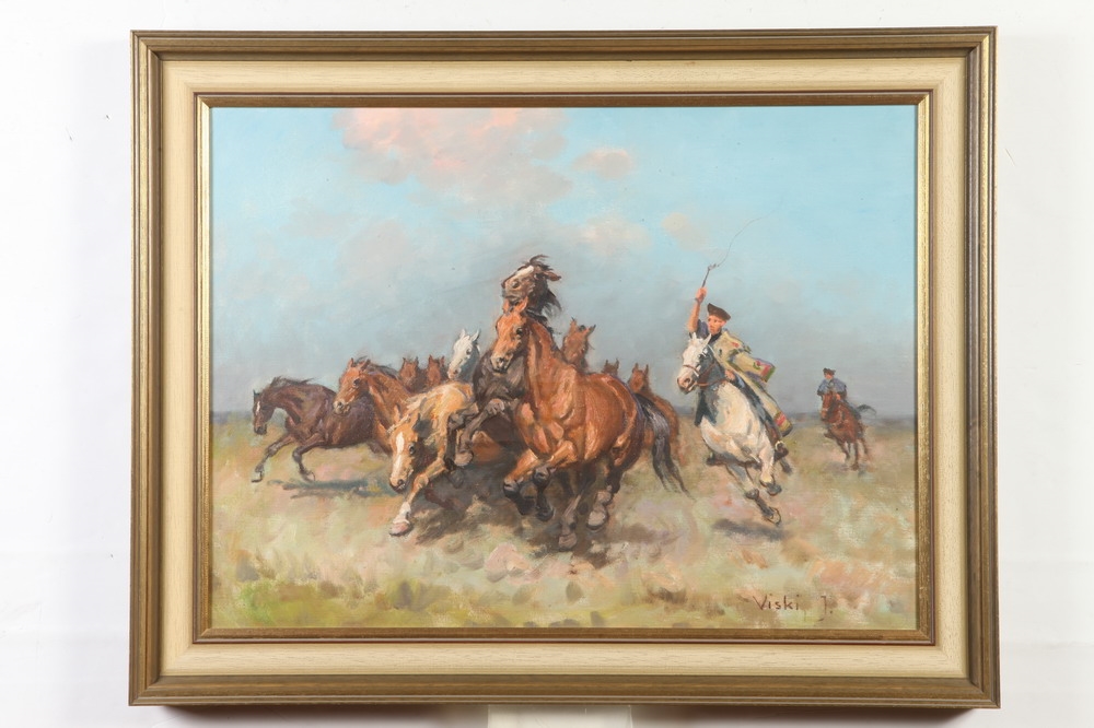 Artwork by Jean Viski, Two Riders Gather a Herd, Made of Oil on canvas