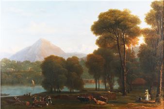 A pastoral landscape painting featuring a distant mountain, a river with boats, and figures in the foreground.