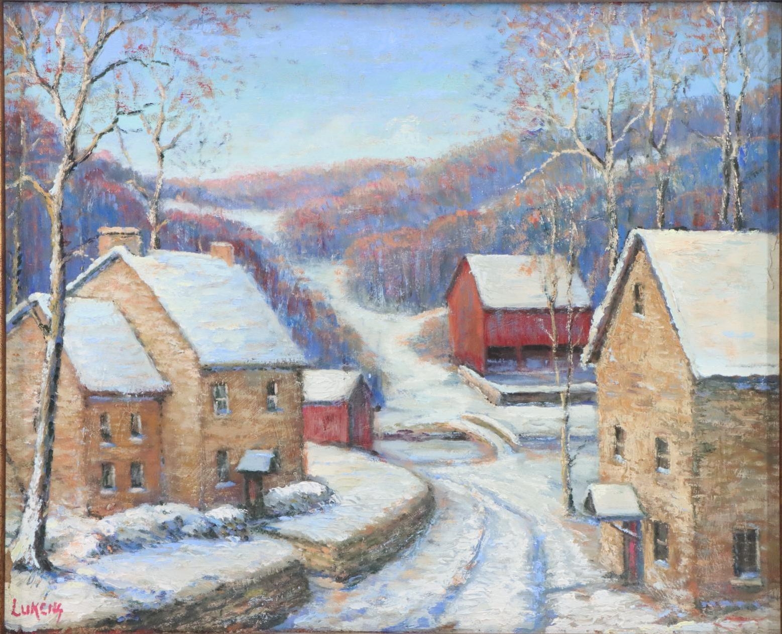 Jim Lukens Snow swept landscape at the base of tree lined hills