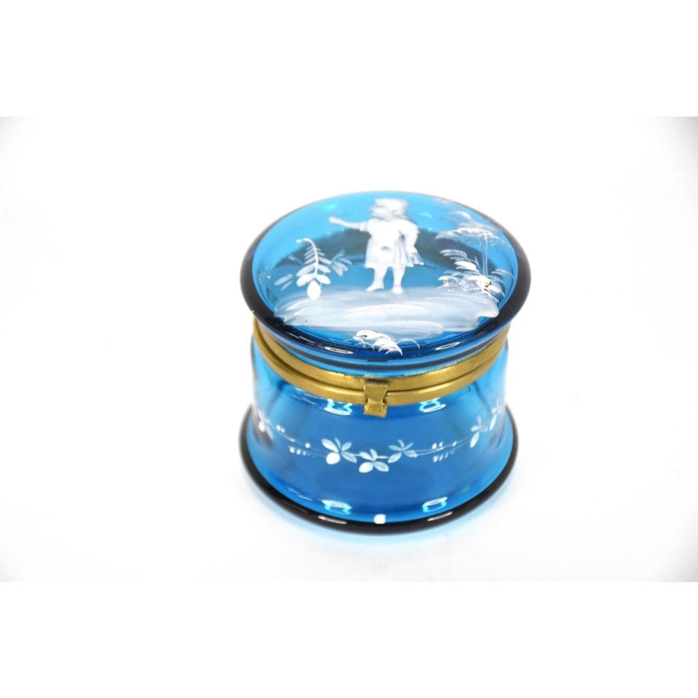 Artwork by Mary Gregory, A 19th Century Mary Gregory trinket box. Blue glass., Made of Blue glass