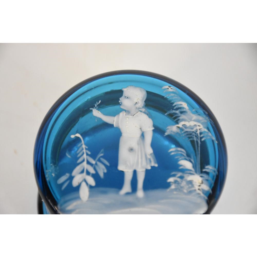 Artwork by Mary Gregory, A 19th Century Mary Gregory trinket box. Blue glass., Made of Blue glass