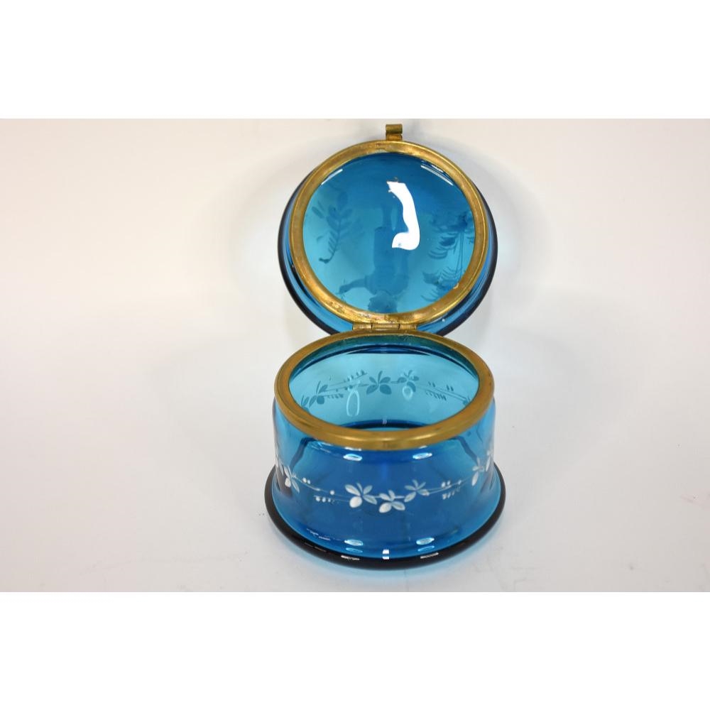 Artwork by Mary Gregory, A 19th Century Mary Gregory trinket box. Blue glass., Made of Blue glass