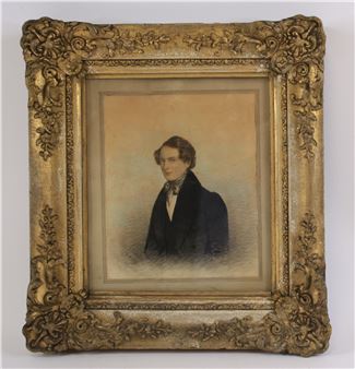 A formal portrait of a person in dark clothing within an ornate gilded frame.