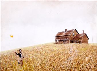 CHILD PLAYING WITH A YELLOW BALLOON - S. Couldridge