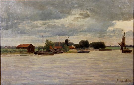 Holländische Flusspartie, an einer Anlegestelle einige, rechts auf dem Wasser ein Segelboot by Gustav Schönleber