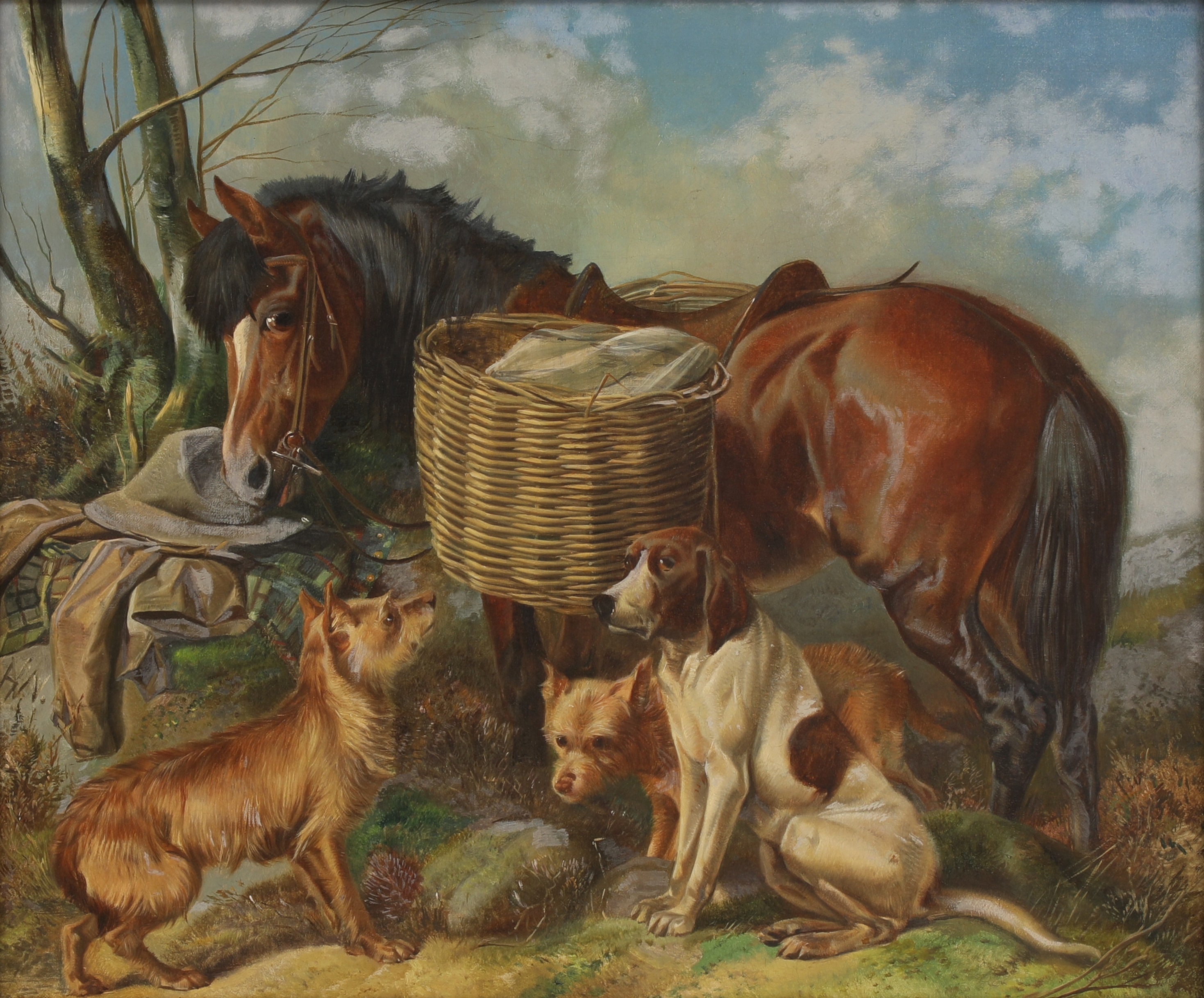 Henry Weekes Jr. | A pony with wicker panniers and dogs (1860) | MutualArt