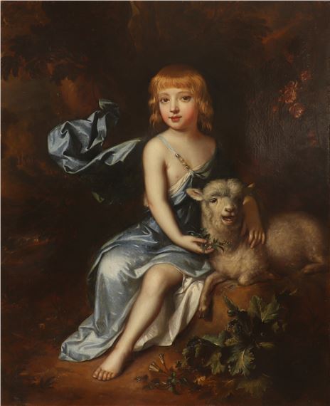 Portrait of a young boy seated full-length holding a lamb in a wooded landscape by John Closterman, 1660