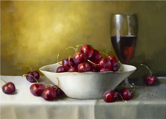 Still Life with Cherries and Red Wine by David French le Roy