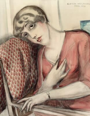 Gerda Wegener | Portrait of Lili in a red dress (1929) | MutualArt