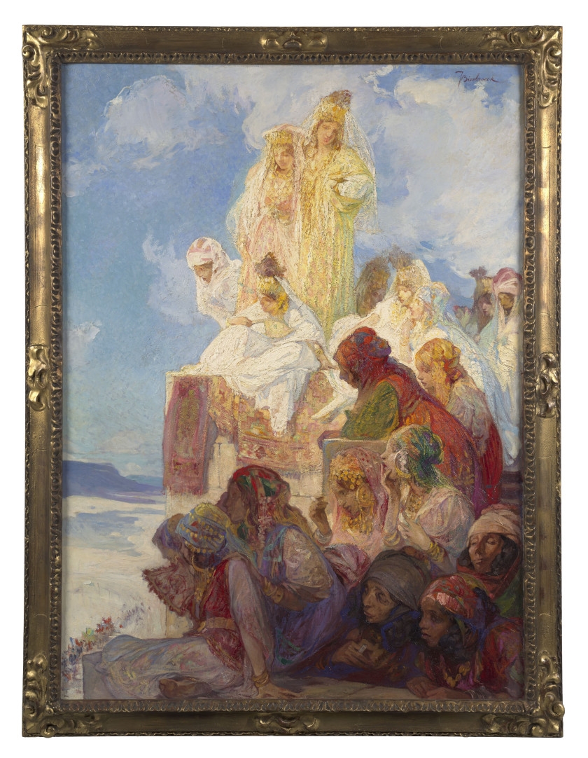 Artwork by Jules-Pierre van Biesbroeck, L'arrivée du cortège, Made of Oil on panel