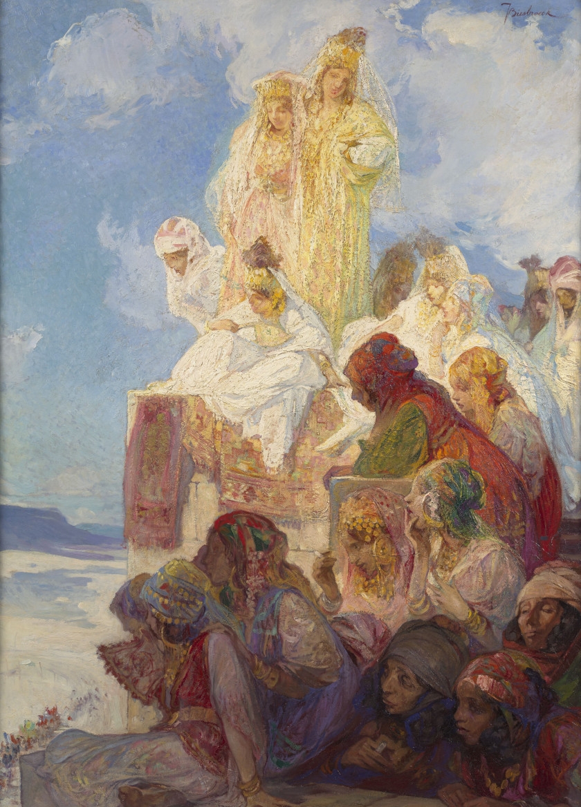 Artwork by Jules-Pierre van Biesbroeck, L'arrivée du cortège, Made of Oil on panel