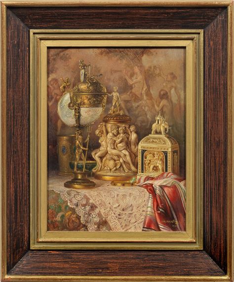 Prunkstillleben mit Kunstkammerobjekten und Elfenbeinschatulle by Ludwig Augustin, dated 1920