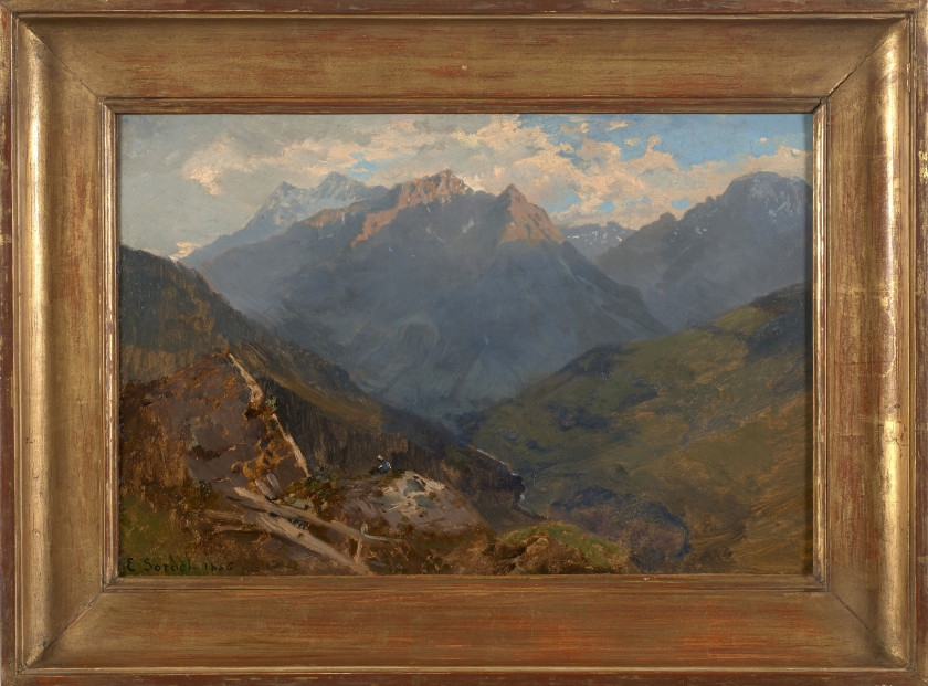 Artwork by Eugène Etienne Sordet, Vue de la corne de Sorebois depuis le Valais, Made of Oil on paper mounted on canvas