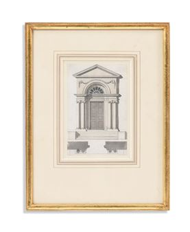 A framed architectural drawing of a classical temple front.
