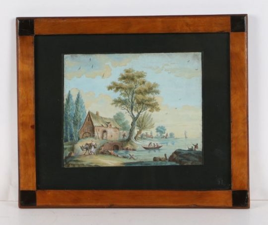 Artwork by Jane Feilberg, riverside scene with watermill and figure leading a donkey over a bridge,, Made of watercolour